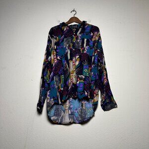 VTG Thumbs Up Long Sleeve Rayon Shirt Women XL Abstract Disco Blue Indie Button